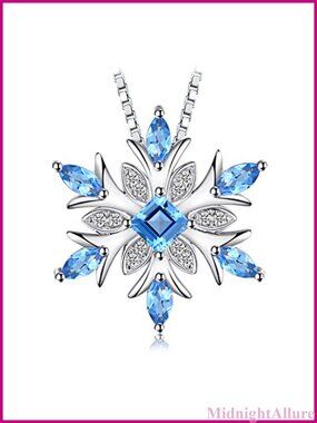 14k Gold Plated 925 Sterling Silver Blue Topaz Snowflake Pendant Necklace 18
